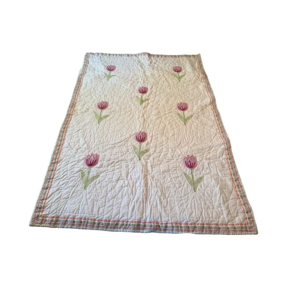 Pottery Barn Kids Quilted Throw Blanket White Purple Tulip Floral Embroidered